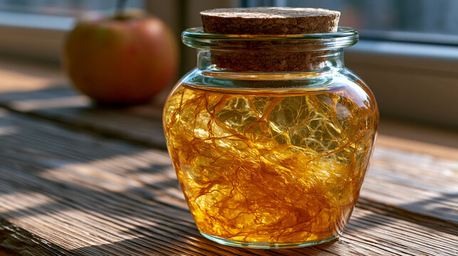 Raw apple cider vinegar mother culture suspended in unfiltered cloudy liquid inside an apothecary jar, acetobacter cellulose strands forming translucent web-like mass, natural diffused window lighti