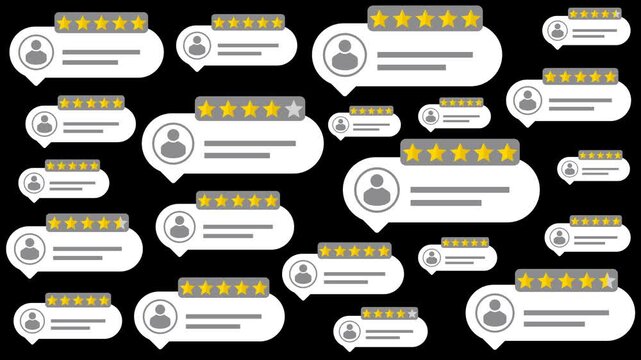 Customer review cards animation with five star ratings and user profile icons, floating feedback bubbles with alpha channel for testimonial, app interface, online reputation and service quality design