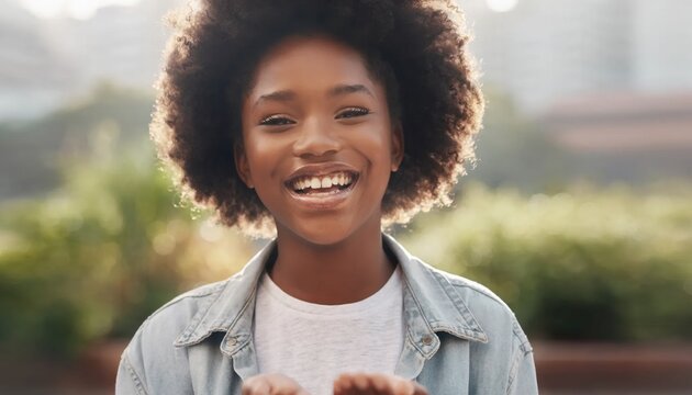 Happy smiling young woman outdoors enjoying sunny day in park, casual fashion