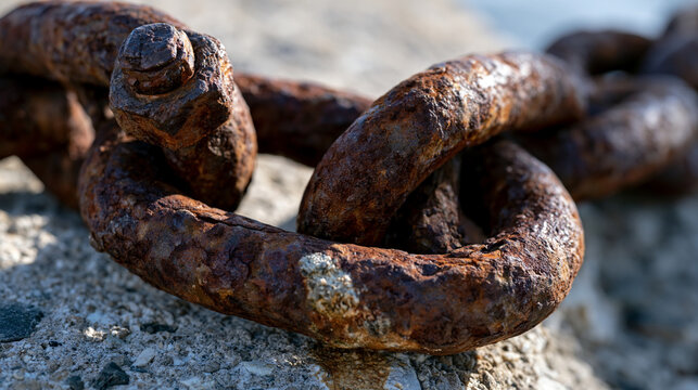 Rusted anchor chain heavy marine links, shackle bolt and nut detail, marine growth attachment scars, zinc anode remnant, concrete quay surface beneath, raking harbour light reading full chain link t