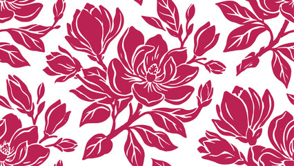 Fototapeta premium Vibrant magenta rose and leaf botanical pattern on white background for design projects.