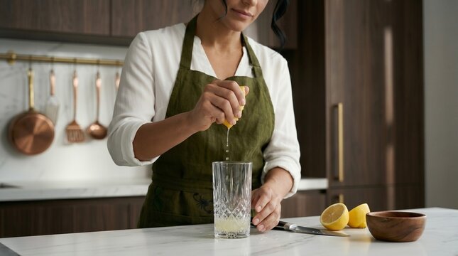 Professional chef squeezing fresh lemon juice into a glass.