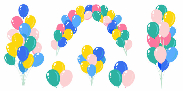 Colorful balloon clusters and archway flat vector illustration
