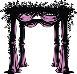 A professional minimalist vector illustration featuring a decorated wedding chuppah altar canopy with pink curtains and floral foliage © Tanzila
