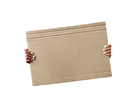 Blank cardboard protest sign held by two hands isolated PNG on transparent background, empty banner for message, demonstration and advertising concepts