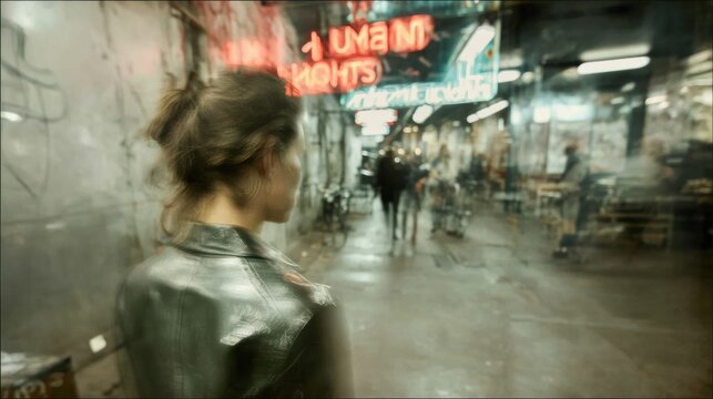 A moody night scene featuring a young woman captured in a rainy urban setting, evoking deep emotions