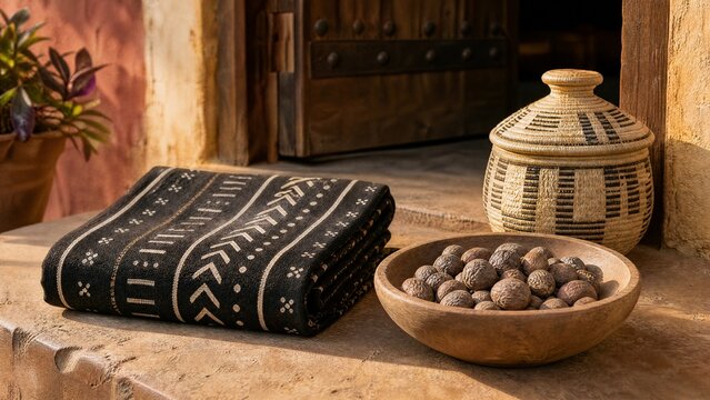 shea. Mud cloth fabric with shea nuts and woven basket, West African craft and natural decor. event programs, museum guides, designed for cultural heritage projects and event programs.