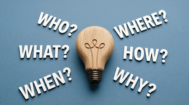 Wooden light bulb with question mark words on blue background