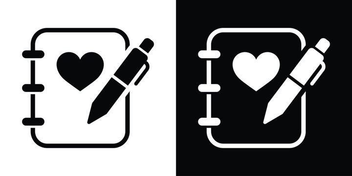 Notebook with heart icon and pencil. Love diary or health journal vector icon set in black and white versions. Minimal romantic notepad symbol.