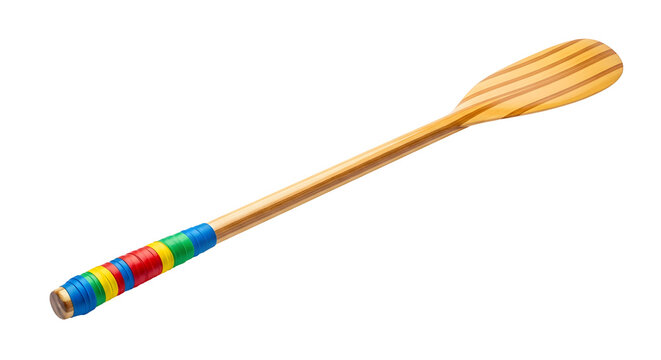 Wooden canoe paddle with colorful grip tape for water sports and recreation