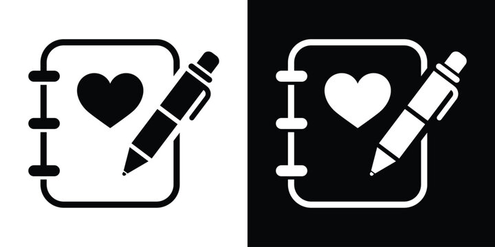 Notebook with heart icon and pencil. Love diary or health journal vector icon set in black and white versions. Minimal romantic notepad symbol.