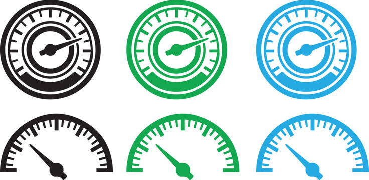 Stylized speedometer and gauge vector icon set in black, green, and blue circular and semicircular designs for dashboard, performance, and measurement graphics