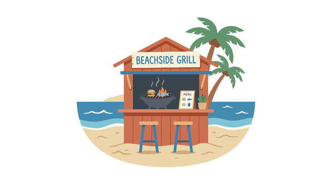 Colorful beachside grill shack on a sandy coast.