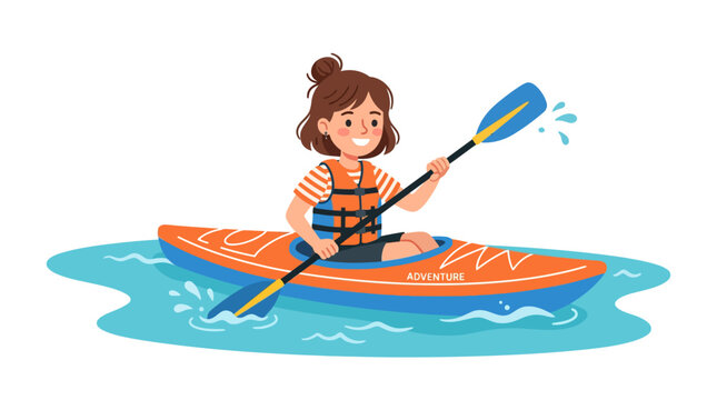 Young girl in life jacket paddling orange kayak on water.