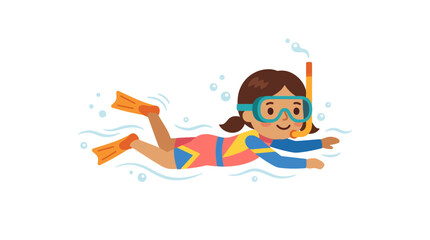 Cartoon girl snorkeling with mask fins and snorkel set. © Kristina