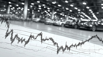 Obraz premium Stock Market Fluctuation in Car Dealership: A monochrome image showcasing a financial graph superimposed on a backdrop of cars in a dealership.