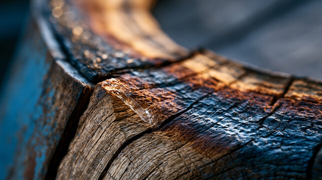 Ancient oak wine barrel stave interior curved surface showing tartrate crystal deposits and charred toasted wood cell structure, micro-pore network visible at extreme macro level, tannin-stained gra