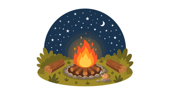 Campfire at night under starry sky vector illustration.
