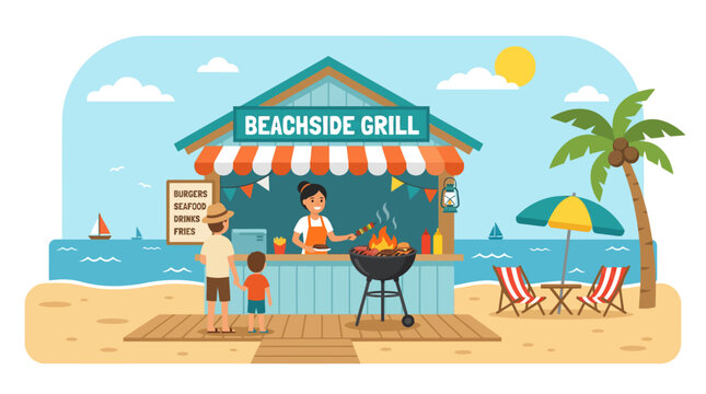 People ordering food at a tropical beachside grill stand.