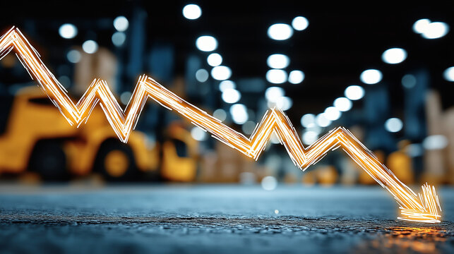Economic Downturn in Warehouse: A glowing down arrow graph indicates a steep economic decline within a modern warehouse setting, with forklifts blurred in the background.