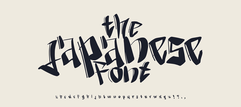 Japan Yakuza Font Logo Alphabet Calligraphy Letter Number Set Modern Typography, Oriental Typographic Design for Title Text, Typo Poster Headline, Type Symbol Logotype, Asian Fonts. Vector Typeface