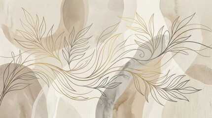 Obraz premium Elegant gold and brown line art of leaves on abstract watercolor background