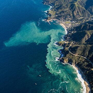 Aerial Top Down View of Coastal Upwelling Plume with Phytoplankton Rich Waters and Sharp Ocean Boundary