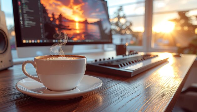Warm latte in cozy caf? setting with city view.