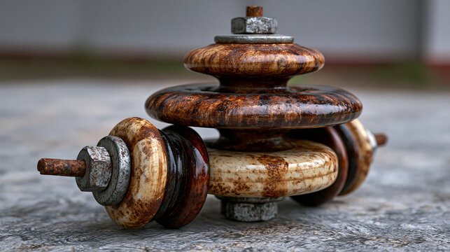 Ceramic electrical insulator disc string suspension type, brown glaze surface with cap and pin hardware, galvanised steel hardware components, surface contamination tracking on glaze, low angle side