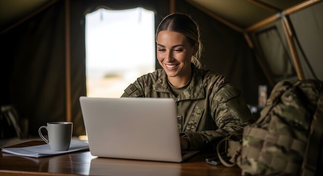 Smiling female soldier in military camouflage uniform working on her modern silver laptop inside tent