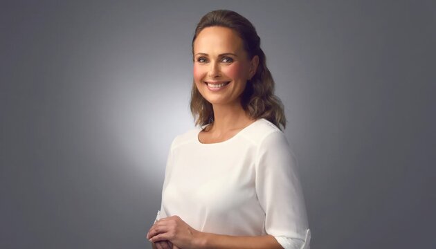 Confident smiling woman with shoulder-length hair dressed in white blouse against gray background