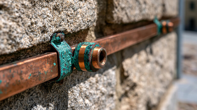 Copper lightning conductor tape down-conductor strip on stone wall, patina verdigris formation at wall attachment clips, strap cross-section detail, junction to earth electrode clamp fitting, raking