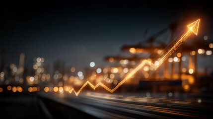Fototapeta premium Rising Economic Tide: A glowing orange graph line charting an upward trend surges across a blurred cityscape at dusk, symbolizing robust economic growth and a positive financial outlook.