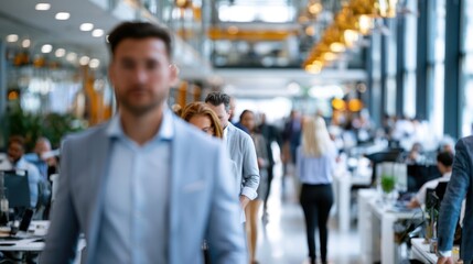 Fototapeta premium Diverse group of professionals walking through a modern office space
