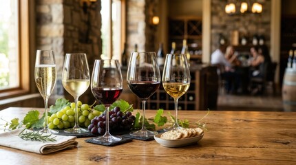 Obraz premium Wine tasting experience with red and white wine, grapes, and crackers
