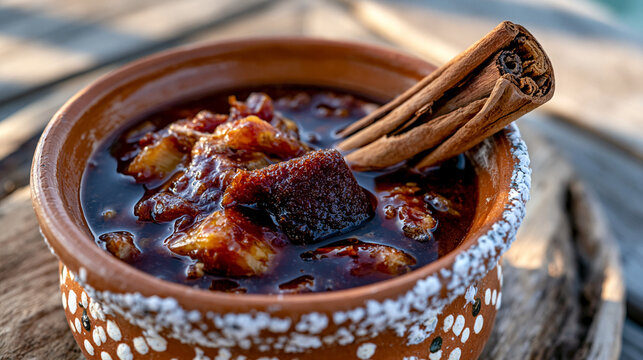 Fermented tepache pineapple rind brew in a clay olla vessel, dried cinnamon quill and piloncillo sugar cone partially dissolved in the fermenting liquid, clay vessel exterior showing salt effloresce
