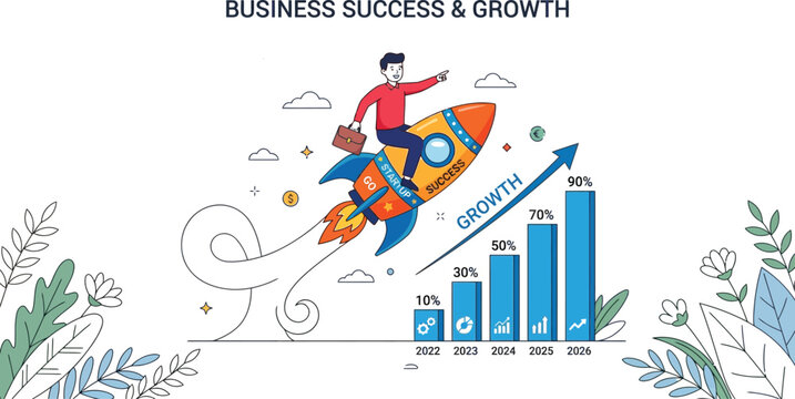 Businessman rides a rocket ship flying past a growing bar chart to represent rapid success and market expansion goals.