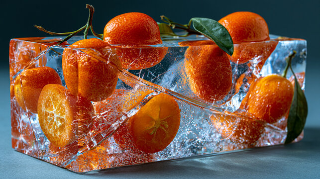 Freeze-fractured citrus ice sculpture encasing whole kumquat specimens, internal cavitation bubbles trapped at sub-zero crystallization boundary, raking side light creating internal specular caustic
