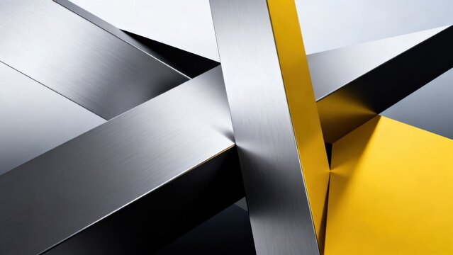 Abstract geometric shapes with metallic and yellow surfaces
