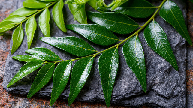 Fresh curry leaf branch with glossy pinnate leaflets arranged on weathered slate, waxy cuticle surfaces catching diffuse studio illumination, aromatic herb backdrop for culinary editorial, South Asi