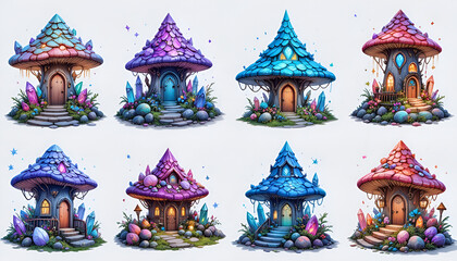 Fototapeta premium Magical Crystal Mushroom Village Collection with Glowing Gemstone Fairy Cottages Fantasy Clipart Set 
