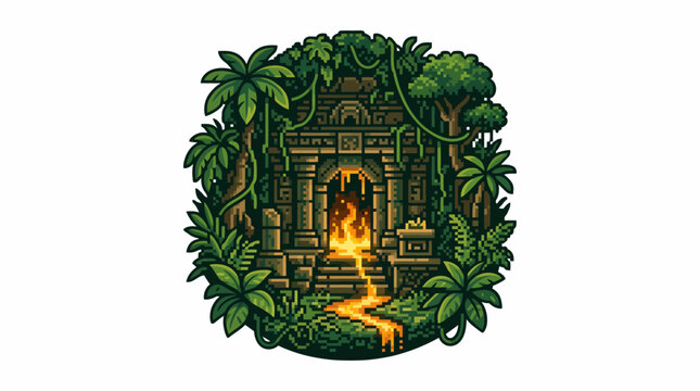 Ancient stone temple entrance with fire.