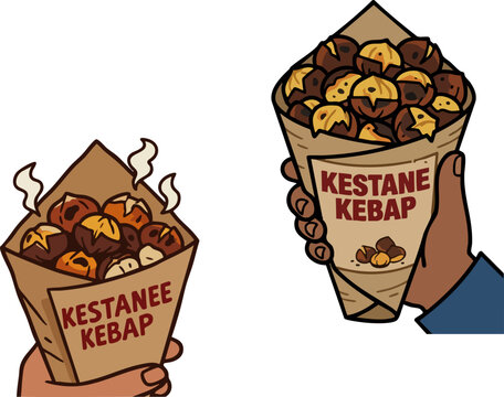 Roasted chestnuts in paper cone, traditional Kestane Kebap street food illustration, hand holding hot winter snack vector