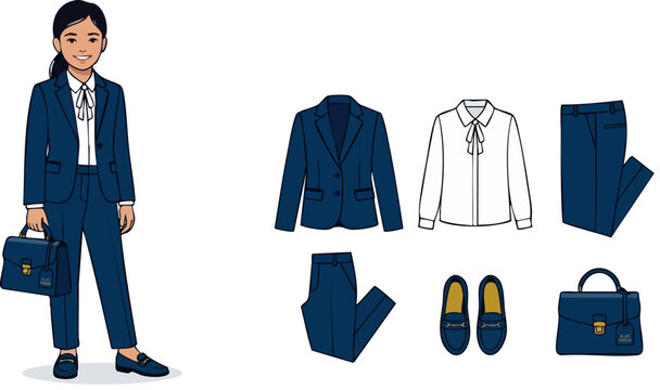 School uniform vector set for girls, navy blue formal blazer and trousers with white blouse, flat fashion illustration of student apparel