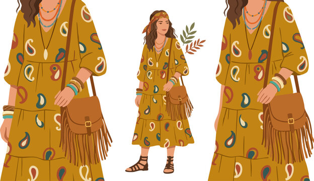 Bohemian woman in paisley maxi dress, boho chic girl with fringe bag and gladiator sandals, ethnic fashion illustration vector