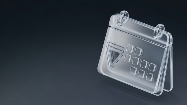 Glass calendar icon representing time management and scheduling, isolated on a dark background for corporate planning and digital organizational apps