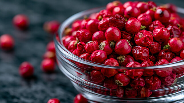 Pink peppercorn pile displayed in a transparent glass bowl on polished obsidian tile surface, Schinus molle dried drupes with papery husks intact, delicate fragile spheres stacked loosely, gourmet s