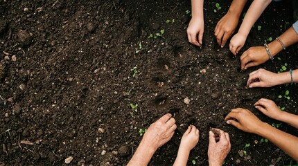 Diverse hands planting seeds together in fertile soil, collaborative community gardening project for environmental sustainability, agricultural teamwork and cooperative growth