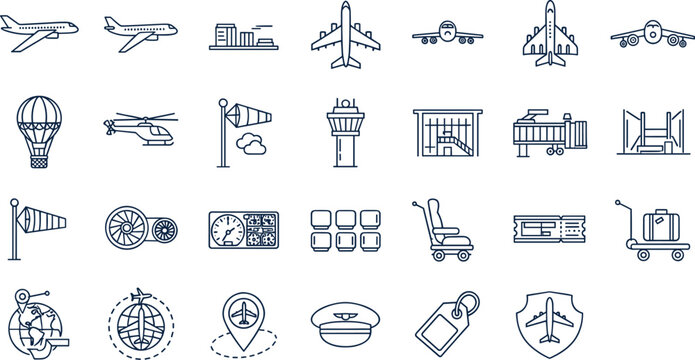 Aviation and airport travel line icon vector set featuring airplane navigation luggage ticketing flight and terminal elements