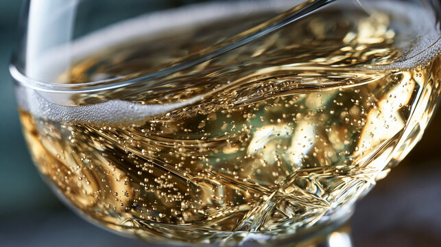 Single champagne coupe tilted at angle showing wine surface fighting gravity, liquid meniscus deforming against crystal bowl geometry, dissolved CO2 micro-bubble streams climbing curved interior sur